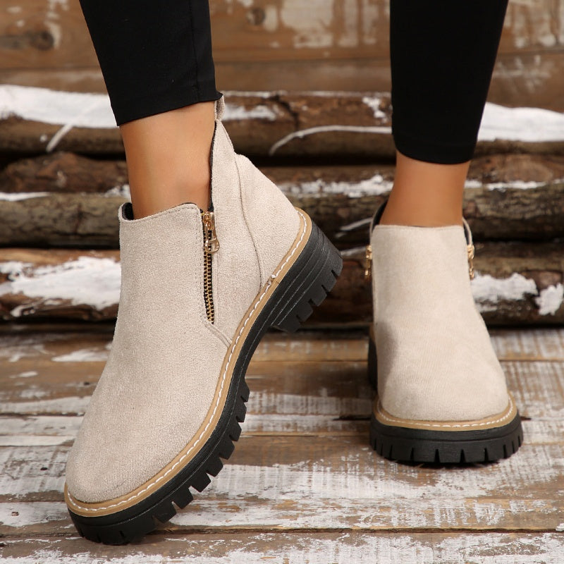 Suede ankle boots with side zip and chunky sole, light beige with tan trim