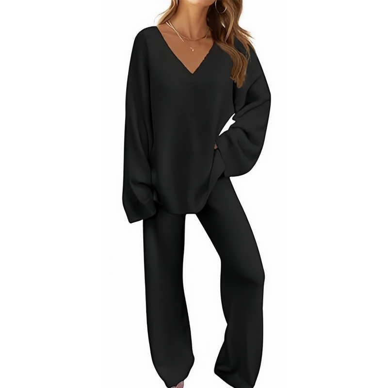 Black V-neck long-sleeve sweater and wide-leg pants set