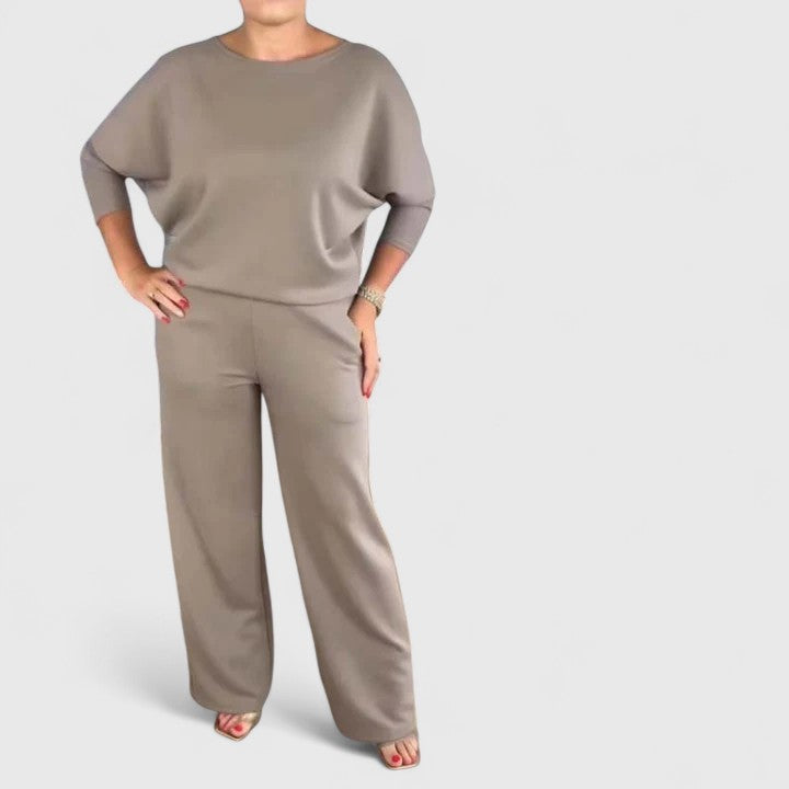 Taupe three-piece outfit with short-sleeve top and matching wide-leg pants