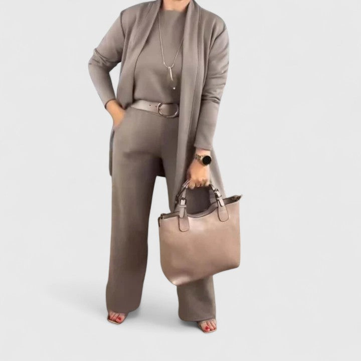 Taupe three-piece outfit with long-sleeve cardigan, belt, and wide-leg pants