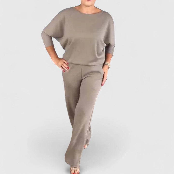 Taupe three-piece outfit with short-sleeve top and high-waist wide-leg pants