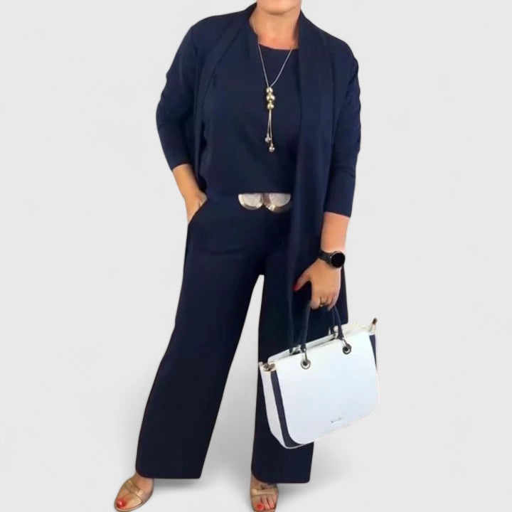 Navy three-piece outfit with open-front cardigan and wide-leg pants