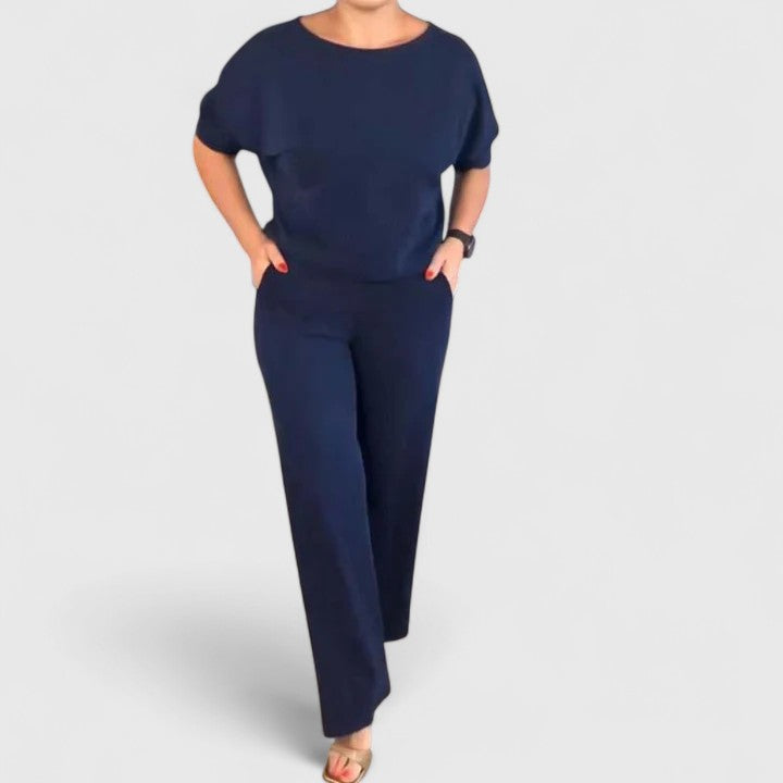 Navy three-piece outfit with short-sleeve top and fitted wide-leg pants