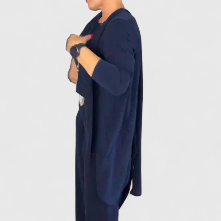 Navy three-piece outfit with long cardigan over top and wide-leg pants
