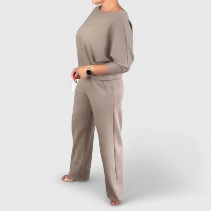 Taupe long-sleeve top and wide-leg pants three-piece outfit, side slit detail