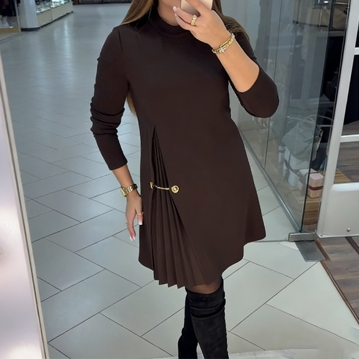 Brown turtleneck pleated shift dress, long sleeves, gold button and trim detail