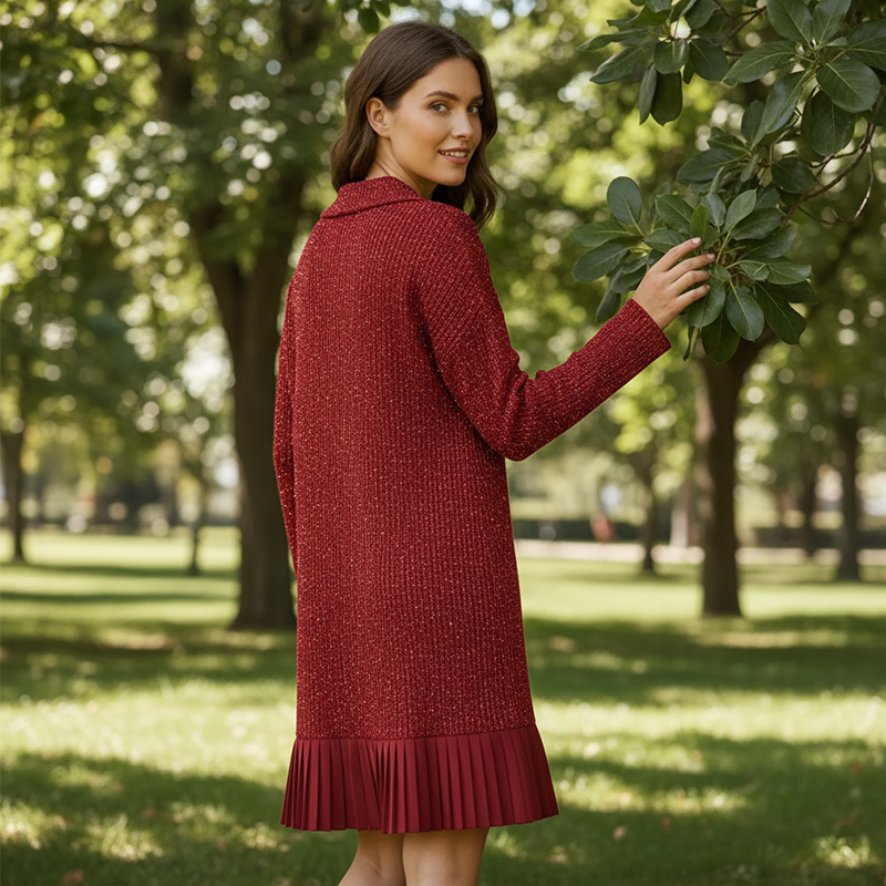 Red textured knit midi dress with long sleeves and pleated skirt hem