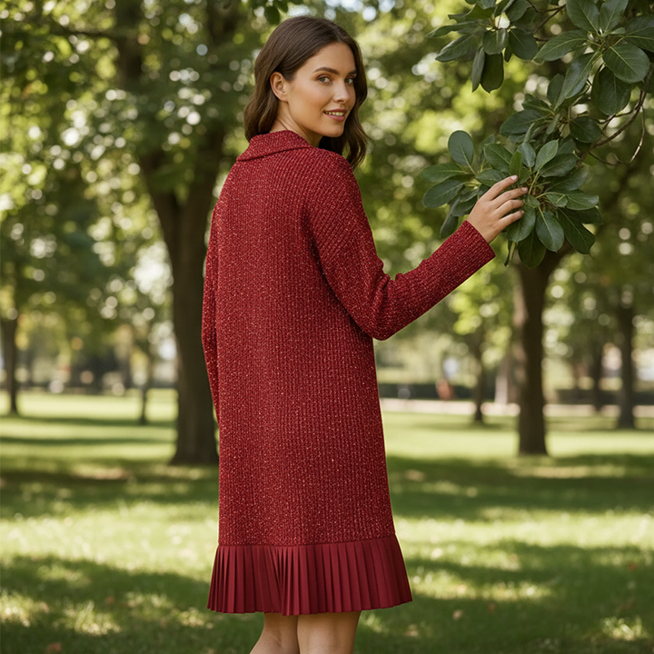 Red textured knit midi dress with long sleeves and pleated skirt hem