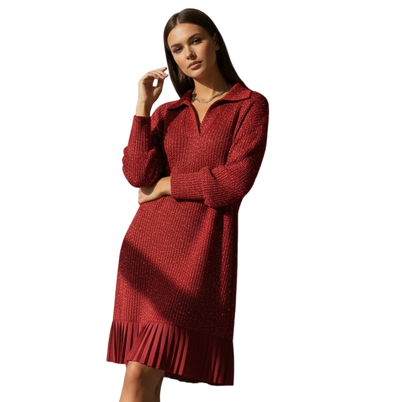 Red knitted dress with collared V-neck and pleated hem detail