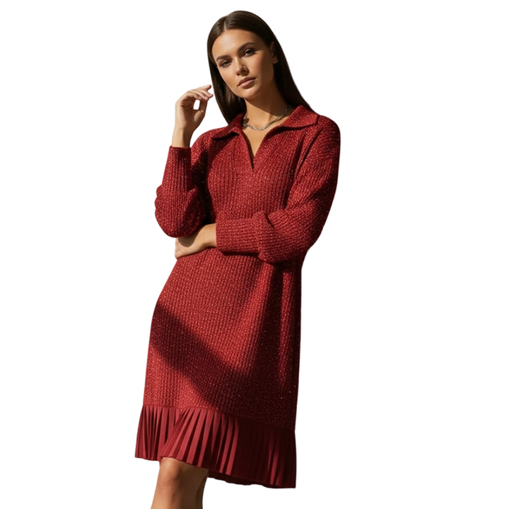 Red knitted dress with collared V-neck and pleated hem detail