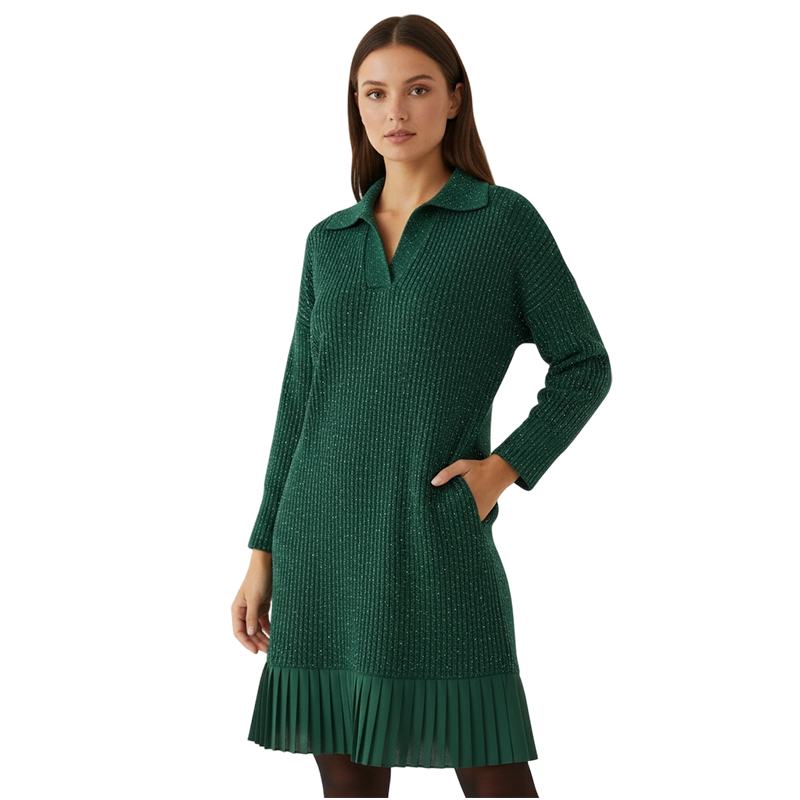 Green knitted midi dress with collared V-neck and pleated hem