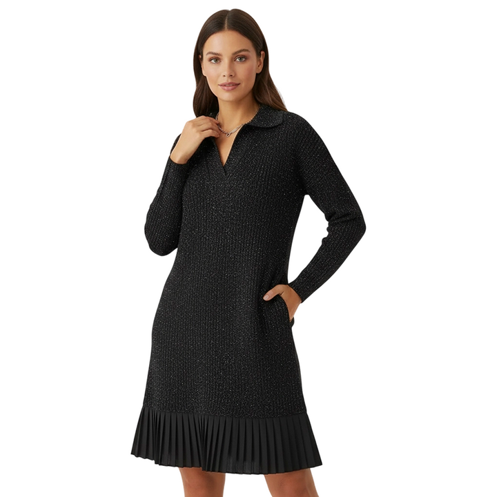 Black knit V-neck dress with long sleeves and pleated hem
