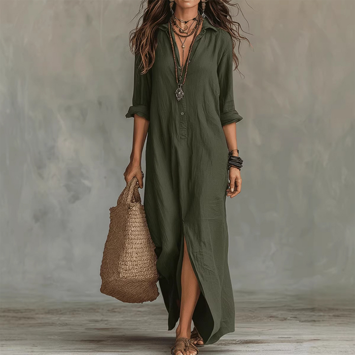 Green relaxed midi shirt dress with button front, 3/4 sleeves, and front slit