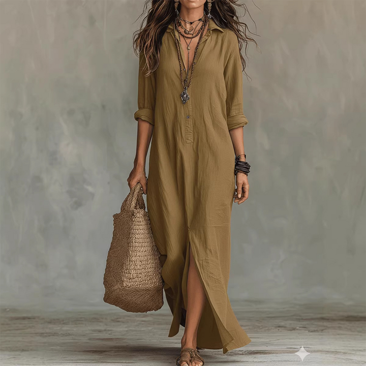 Khaki relaxed midi shirt dress with button front, 3/4 sleeves, and front slit