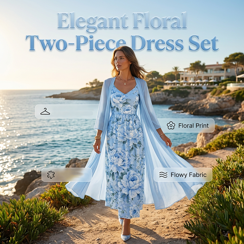 Blue floral two-piece dress set with long sheer outer overlay and midi inner dress