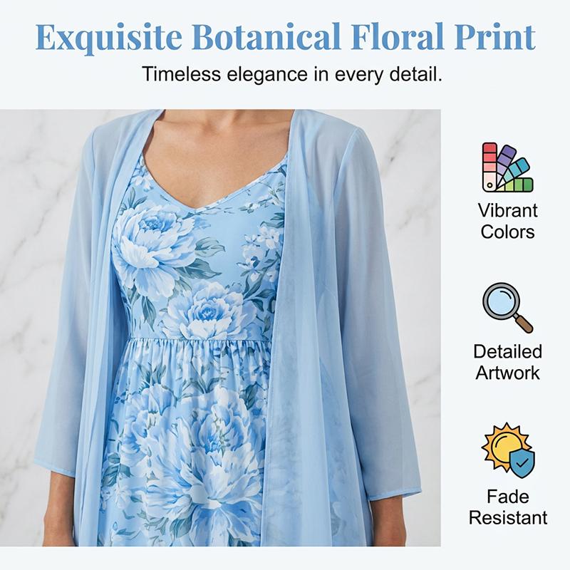Blue floral two-piece dress set close-up of scoop neckline, gathered waist, and sheer sleeves