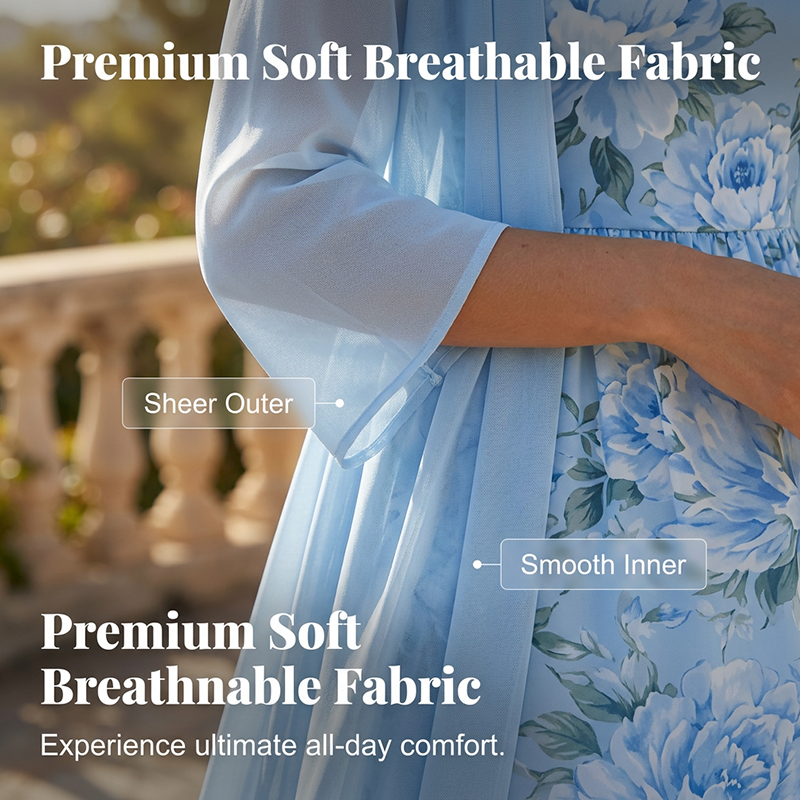 Blue floral two-piece dress set showing sheer outer and smooth inner bodice detail