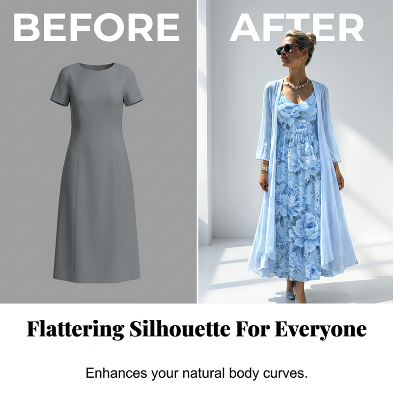 Blue floral two-piece dress set, full length view with sheer outer layer over inner midi dress