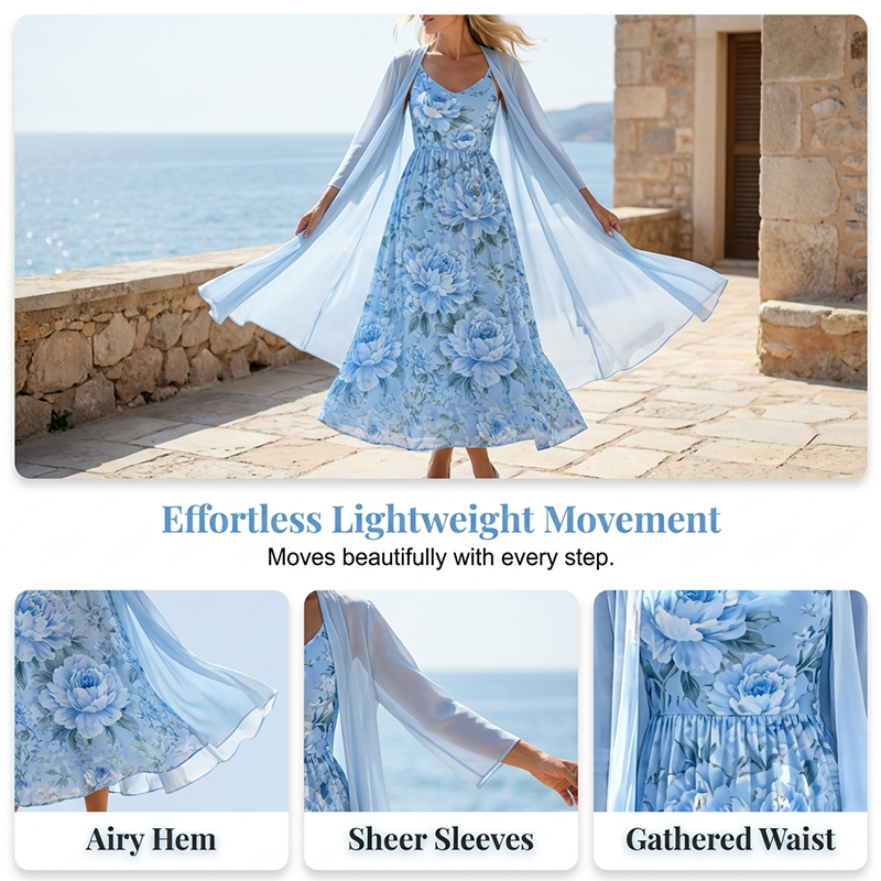 Blue floral two-piece dress set with flowing hem and long sheer outer overlay