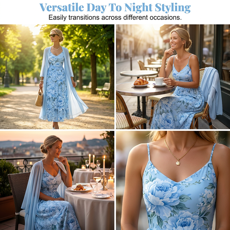 Blue floral two-piece dress set styled for day-to-night with inner slip dress and overlay