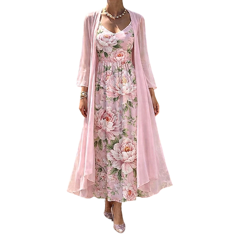 Pink floral two-piece dress set with long sheer outer layer over midi inner dress