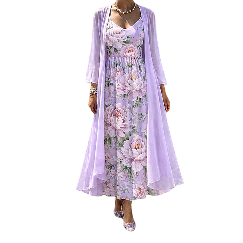 Purple floral two-piece dress set with long sheer outer layer over gathered midi dress