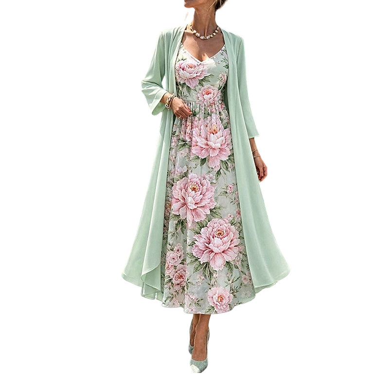 Green floral two-piece dress set with long sheer outer layer over midi inner floral dress