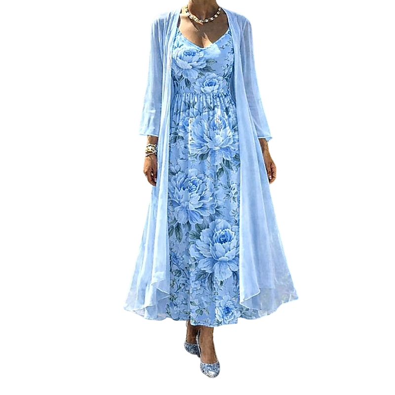 Light blue floral midi dress with matching sheer cardigan, three-quarter sleeves