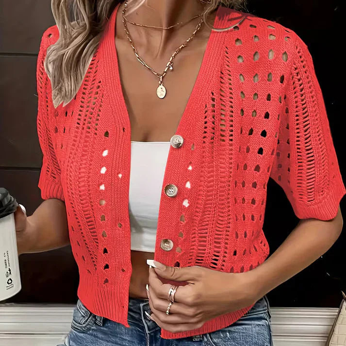 Coral red open-knit cardigan with short sleeves and button front, lattice eyelet pattern.
