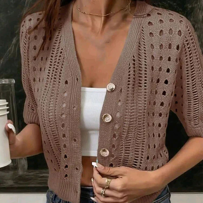 Brown open-knit cardigan with V-neck, button-front, short sleeves, allover eyelet knit