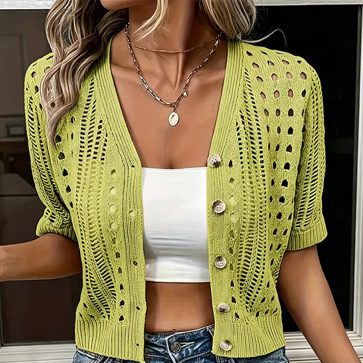 Lime green open-knit cardigan with short sleeves, button front, and vertical eyelet rows.