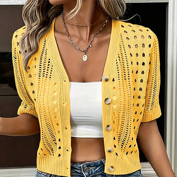 Yellow open-knit cardigan with short sleeves, front buttons, and eyelet hole knit pattern.