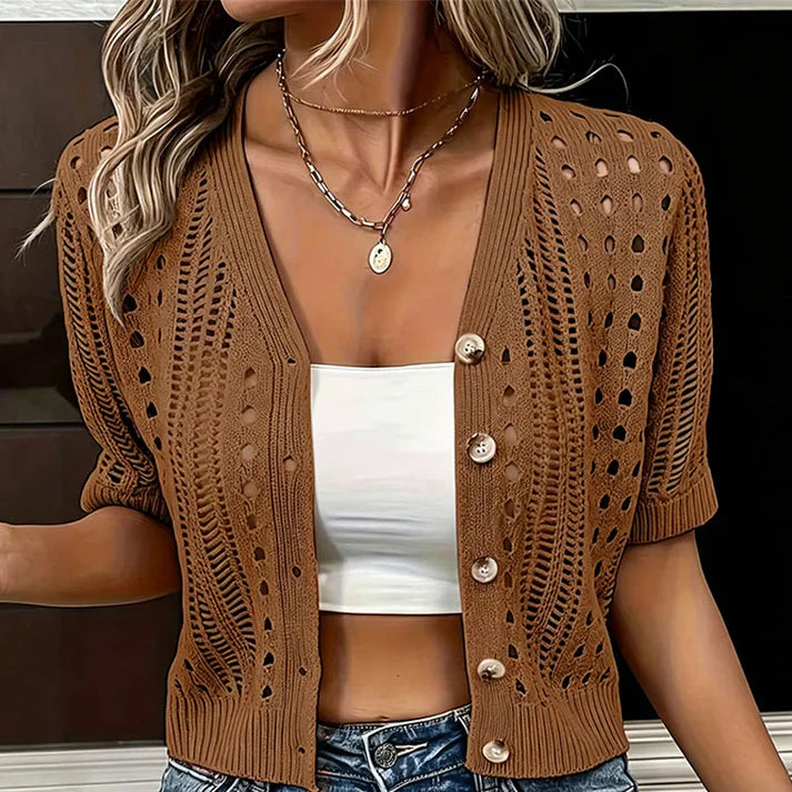 Brown open-knit cardigan with short sleeves and button front, knit eyelet openings.