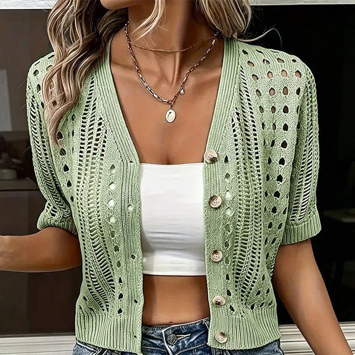 Light sage green open-knit cardigan with short sleeves and front buttons, eyelet knit texture.