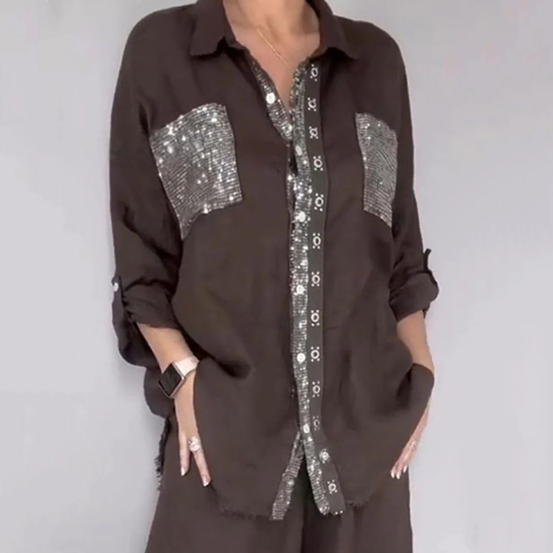 Coffee-brown button-up shirt set with silver sequin chest pockets and matching pants