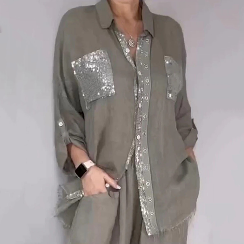 Gray button-up shirt set with silver sequin chest pockets and matching gray pants