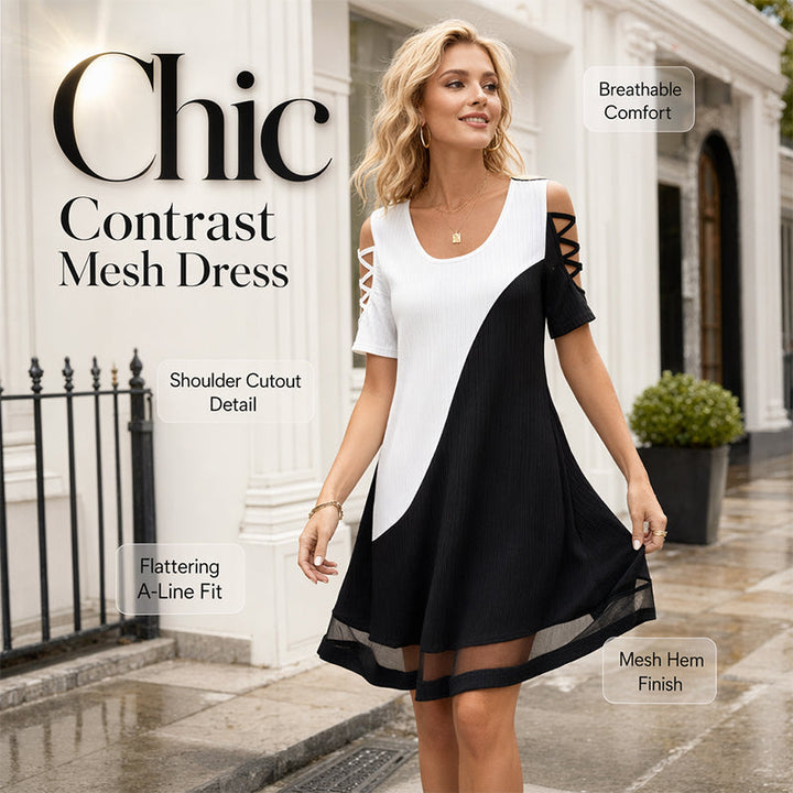 Women's Color-Block Crew-Neck Midi Dress with Mesh Hem