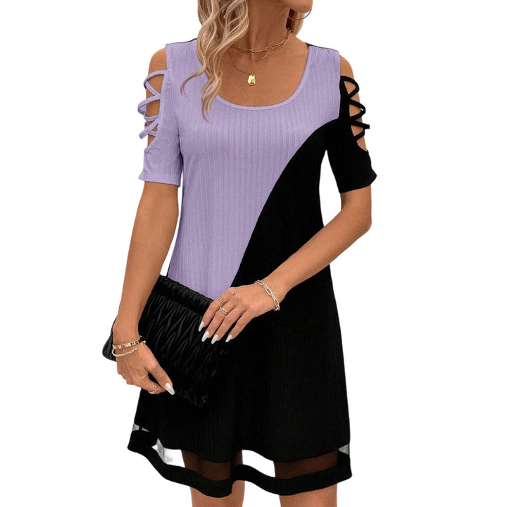 Women's Color-Block Crew-Neck Midi Dress with Mesh Hem