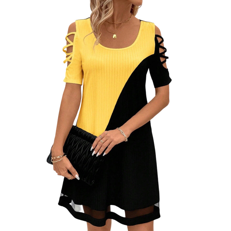 Women's Color-Block Crew-Neck Midi Dress with Mesh Hem