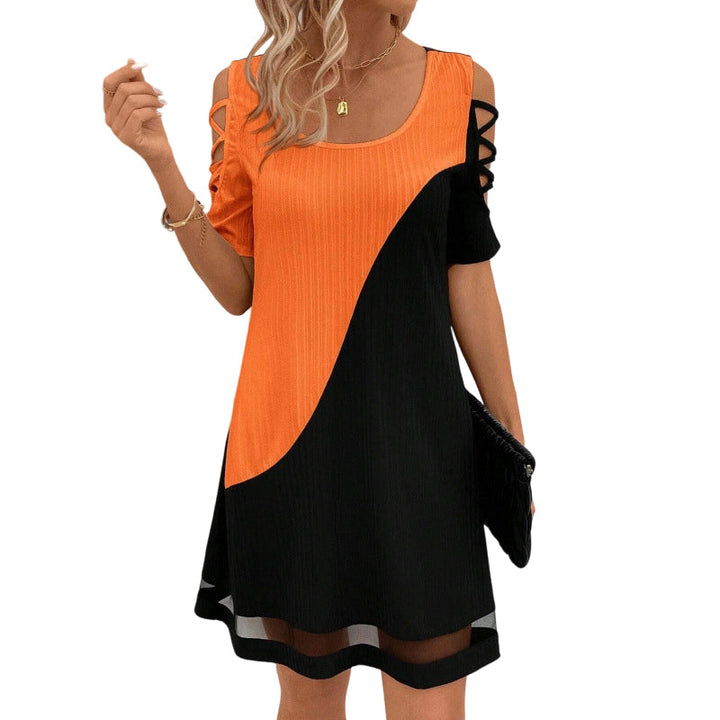 Women's Color-Block Crew-Neck Midi Dress with Mesh Hem