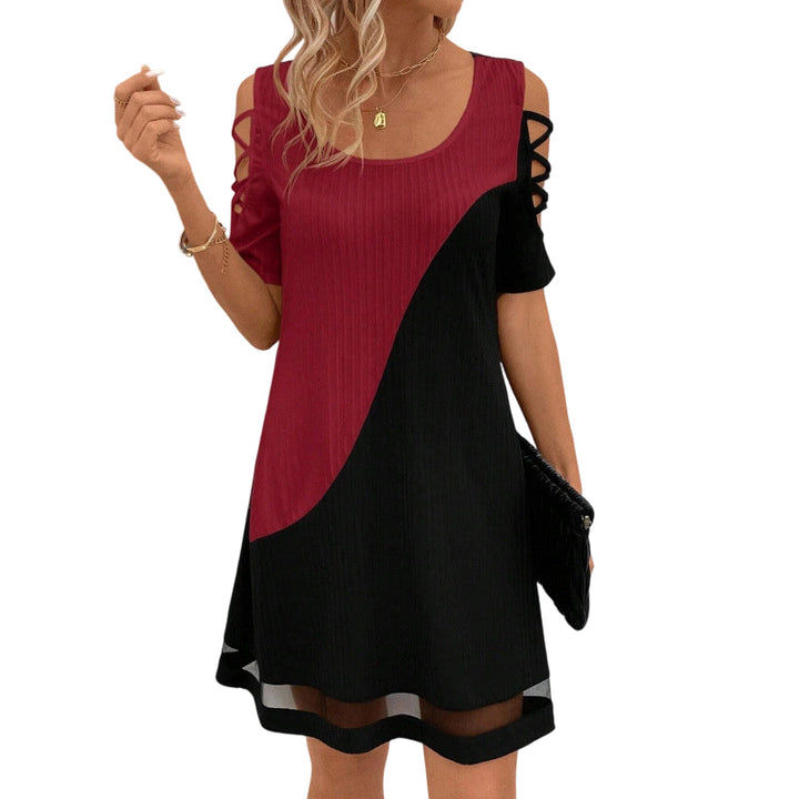 Women's Color-Block Crew-Neck Midi Dress with Mesh Hem