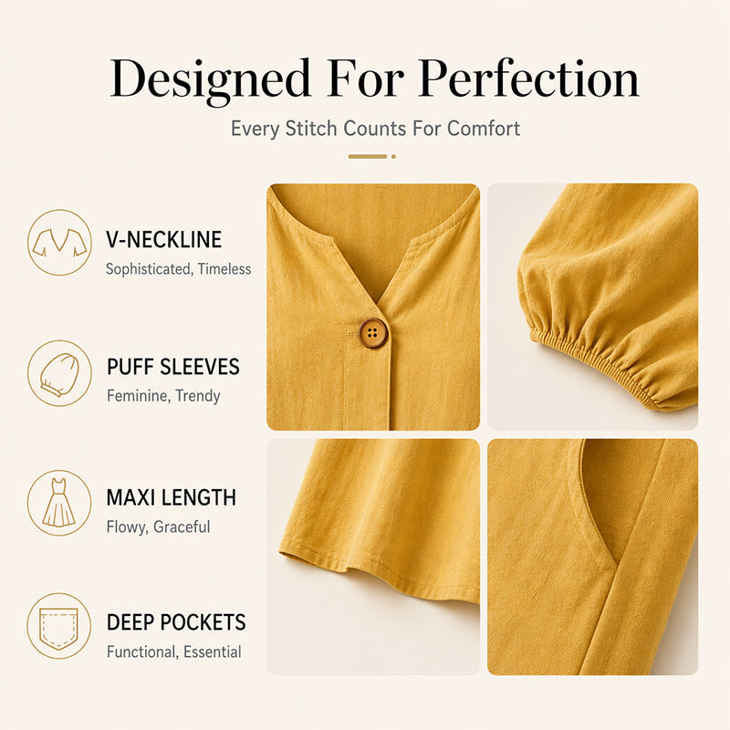 Yellow V-neck maxi dress close-ups: puff sleeves, button placket, deep pockets
