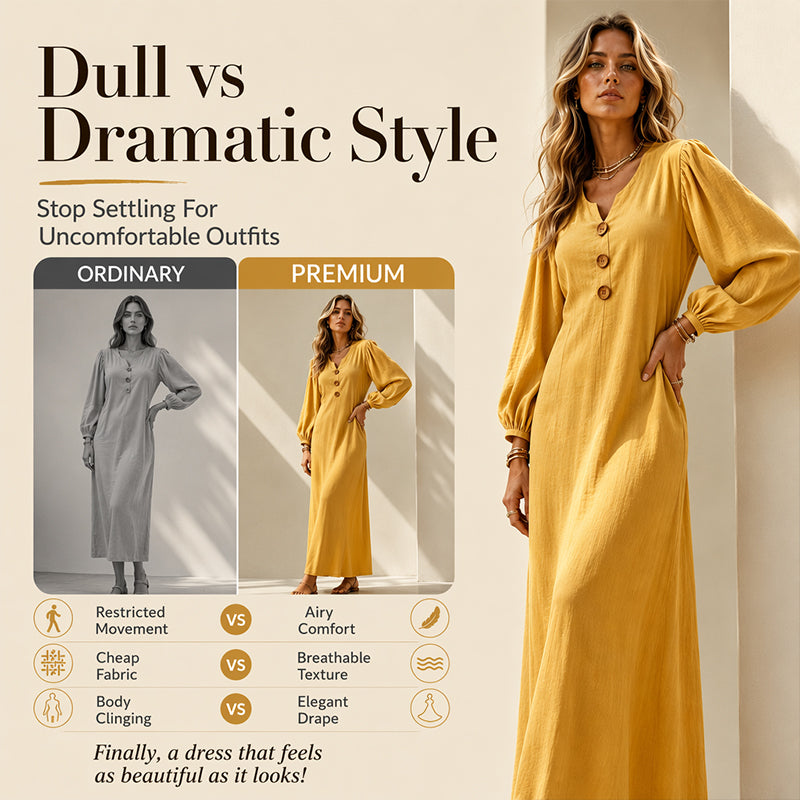 Yellow V-neck maxi dress with puff sleeves and button front, long skirt