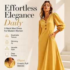 Yellow V-neck maxi dress with puff sleeves and button front