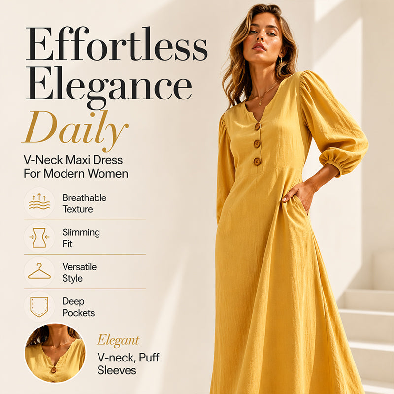 Women's Casual V-Neck Maxi Dress with Puff Sleeve