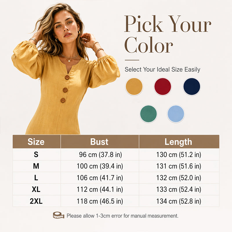 Yellow V-neck maxi dress with puff sleeves—color options and size chart