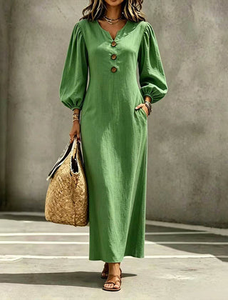 Women's green V-neck maxi dress with puff sleeves and front button closure