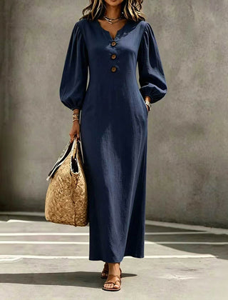 Women's navy blue V-neck maxi dress with puff sleeves and front buttons