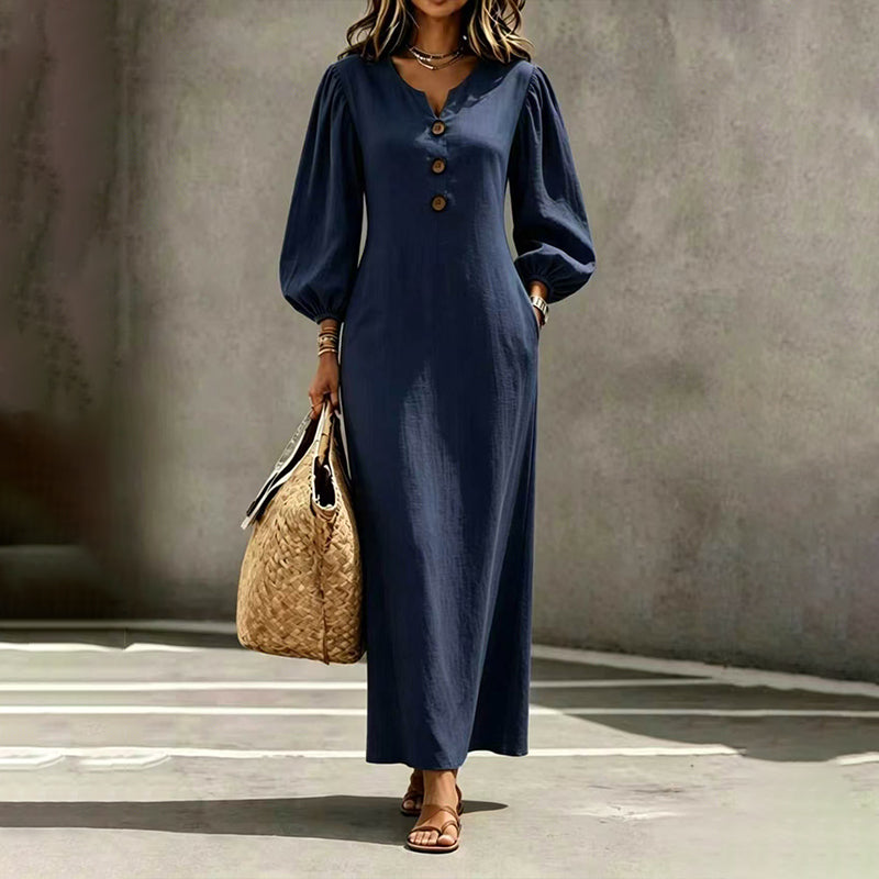 Women's navy blue V-neck maxi dress with puff sleeves and front buttons