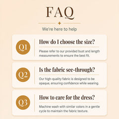 FAQ card for V-neck maxi dress: sizing, opacity, and care instructions